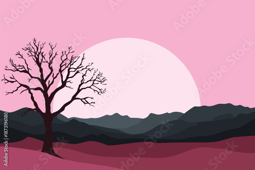 Minimalist pink vector illustration of barren tree silhouette with large sun over dark mountains and magenta purple plain landscape