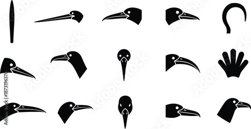 set of different silhouettes of birds on white background