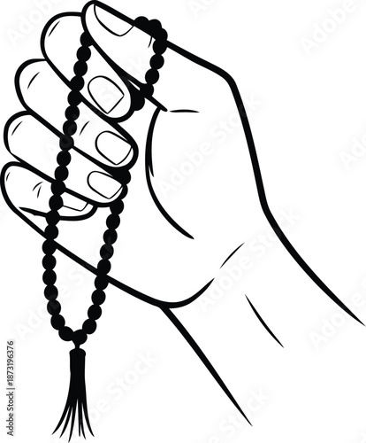 Clear outline illustration showing a hand with fingers gently wrapped around prayer beads with a tassel
