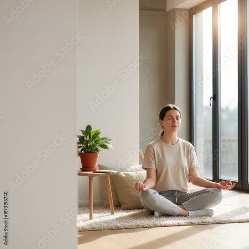 A photorealistic stock image of a calm young adult sitting peacefully in a minimal interior, with a smartphone set aside, symbolizing mindfulness and digital detox. Natural daylight, clean background,