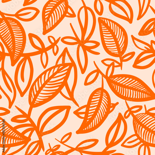 Abstract outlined leaves seamless pattern. Floral pattern, Nature handdrawn wallpaper. Tree plant foliage skeleton texture. vector illustration.