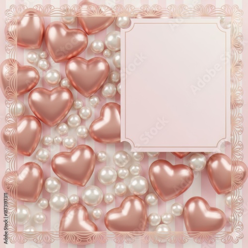 Luxury Valentine's Day background with 3D rose gold glossy hearts and pearls on a striped pink surface. 