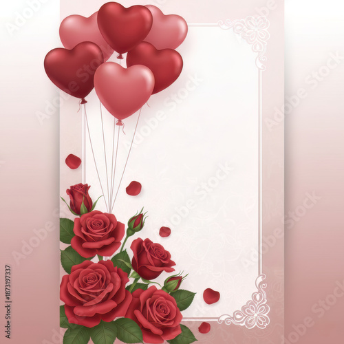 An elegant Valentine's Day greeting card design decorated with red roses and heart balloons, leaving space for writing a message.