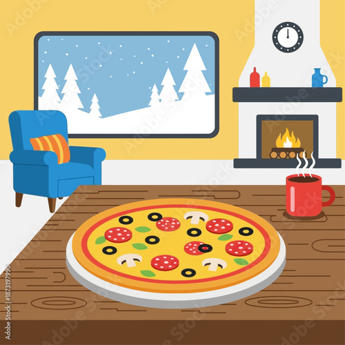 Cozy winter evening scene with a delicious pizza and hot drink by the fireplace and snowy window.