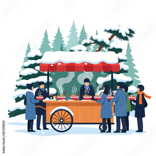People buying hot food from a street vendor cart in a snowy winter forest scene.