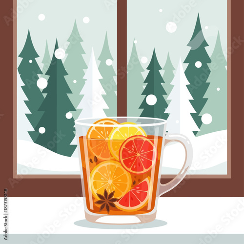 Warm winter drink with citrus slices and spices on a windowsill overlooking a snowy forest.