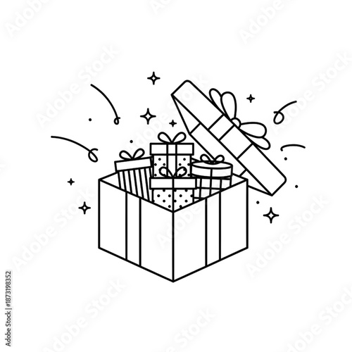 open gift box with surprise presents line art illustration