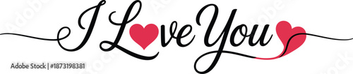 Elegant black script with playful red hearts spells out I Love You on a bright white canvas