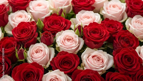 A beautiful bouquet of red and white roses arranged together