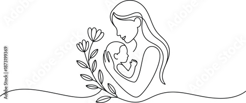 Gentle illustration of a mother cradling her infant, beautifully rendered with continuous lines and floral accents