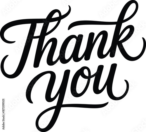 Hand lettered Thank You message in beautiful black calligraphy on a plain white surface