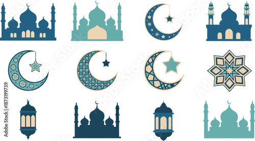 Illustrative set of Islamic mosque architectural shapes and decorative crescent moon star icons