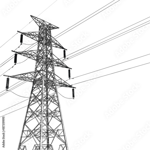 High voltage electricity transmission pylon vector with power lines and steel lattice structure isolated on a white background.