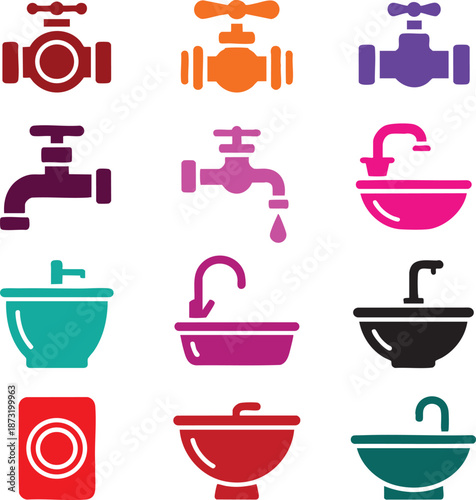 Colorful set of water faucets and sinks icons isolated on transparent background for web and graphic design