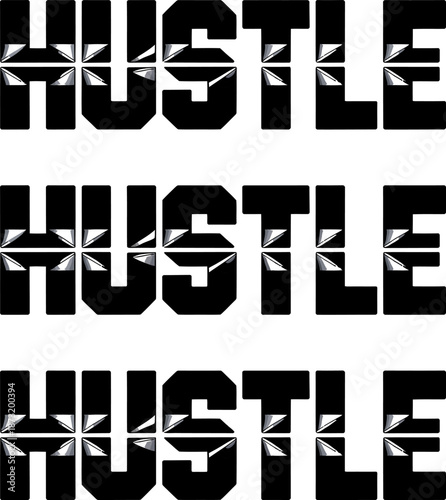 Black and gray text with geometric patterns