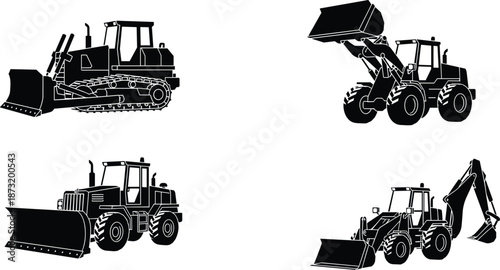 Silhouettes of heavy construction vehicles, bulldozer, loader, backhoe, earthmover, industrial machinery, excavation equipment, construction site tools, engineering machines