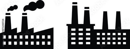 Industrial factory building silhouettes illustration, black and white manufacturing plant icons with smokestacks, minimal vector design for industry, production, pollution, energy concepts