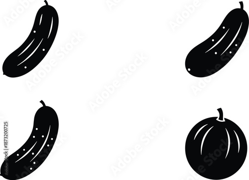 Vegetable silhouettes, cucumber shapes, pumpkin outline, black icons, isolated vegetables, food illustration, farming concept, organic produce, healthy eating, graphic design