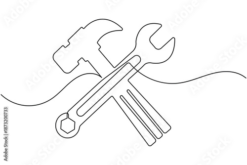 Maintenance and repair service icon featuring a crossed hammer and spanner in one line drawing