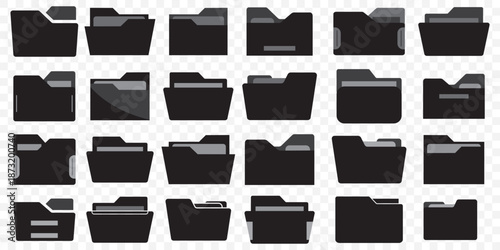 Big set of File folder icon set, document storage symbol, office archive design, data organization graphic, paperwork management illustration on Transparent Background. EPS 10.