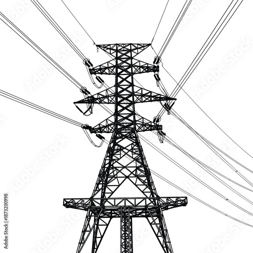 High voltage electricity transmission pylon vector with wide base and radiating power lines isolated on a white background.
