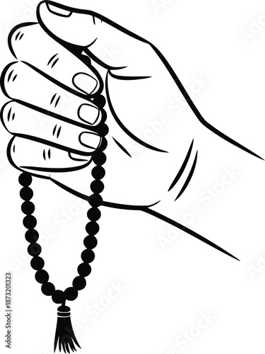 Strong outline illustration of a clenched hand firmly holding a string of prayer beads with a tassel