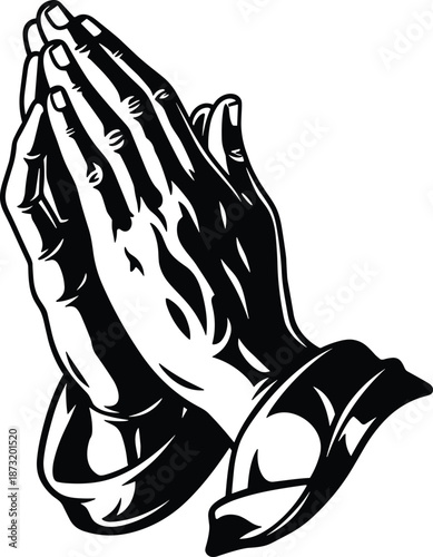 Praying hands illustration, faith spirituality religious symbol, hope devotion concept, classic black white hand drawn vector artwork design