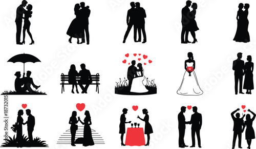 Romantic couple silhouette icons set, black and white love scenes with hearts, wedding, dating, proposal moments, vector illustration for Valentine and relationship concepts
