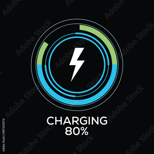 Electric Vehicle battery charging Status Dashboard Hologram Interface with lightning symbol, technology circle Round loading bar vector design concept. Battery charging dashboard for ui, ev car, tech.