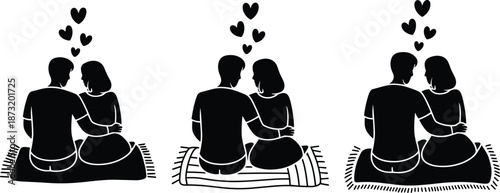 Romantic couple sitting together on blanket with hearts above, love relationship silhouette illustration for Valentine’s Day, dating, and intimate moment concept