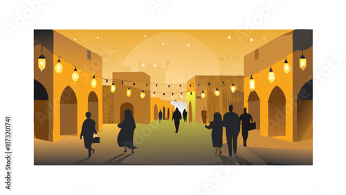 A cinematic silhouette of an old middle-eastern street at night during Ramadan. People walking between ancient buildings decorated with hanging lanterns and fairy lights. Dark figures against a warm, 