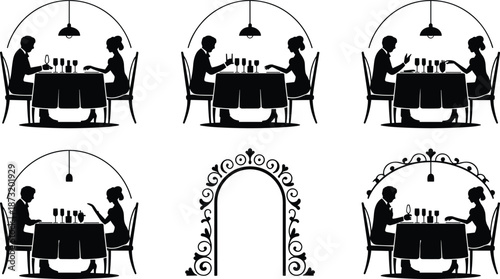 Romantic dinner couple silhouette icons set, black and white restaurant date scenes with wine glasses, table, lamp, elegant vector illustration