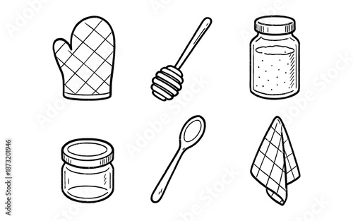 Hand-drawn kitchen essentials including oven mitt, honey dipper, jars, spoon, and towel
