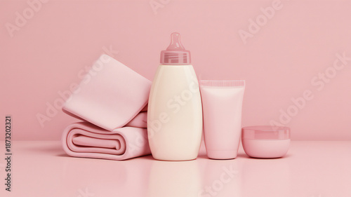 Baby care products on pink background