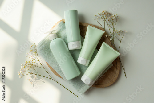 Skincare products on wooden tray