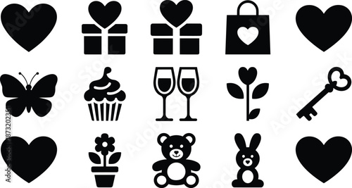 Valentine love icons set, black and white romantic symbols including hearts, gifts, flowers, teddy bear, wine glasses, vector illustration for love and celebration concepts