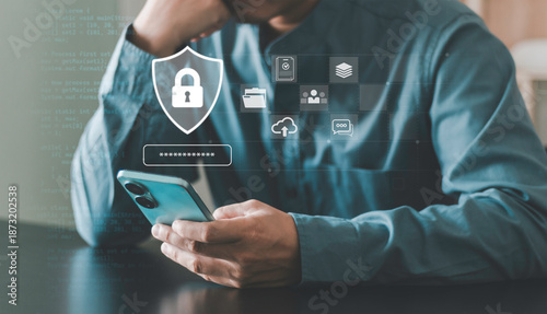 Protection, mobile cybersecurity, encrypted data access on cloud, secure login. Using smartphone with digital security interface, shield and password icons, OTP, personal data. and business contract.