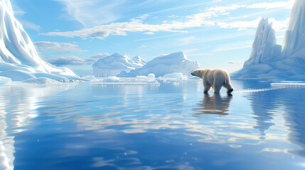 Acrylglasbilder Blau Polar bear walking on icy water in arctic landscape with blue sky and snow covered mountains  © sa-photo