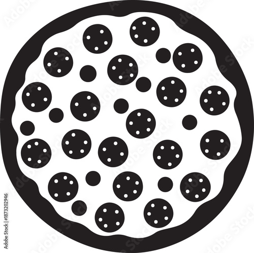 Simple black and white illustration of a pizza with various toppings on a transparent background