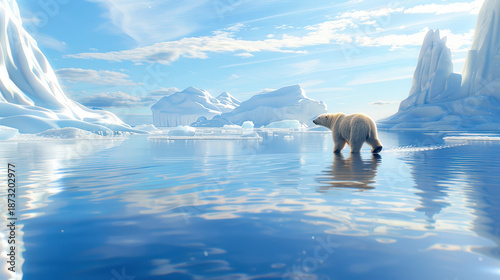 Polar bear walking on icy water in arctic landscape with blue sky and snow covered mountains