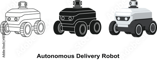 Collection of autonomous delivery robot icons representing different styles from outline to solid black and full color ideal for logistics and technology concepts