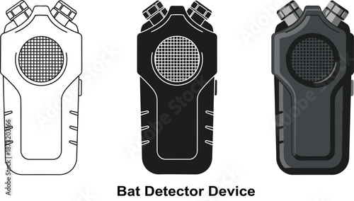 Set of bat detector devices in outline solid black and shaded gray vector illustrations representing technology for wildlife observation and research isolated on white