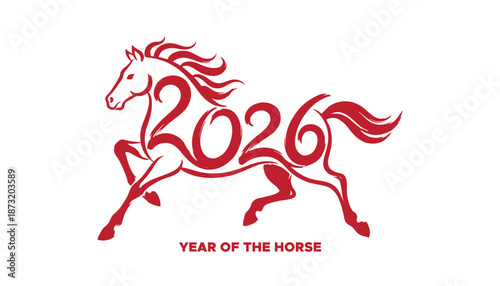 Red 2026 Year of the Horse Chinese Zodiac Illustration Isolated on White Background