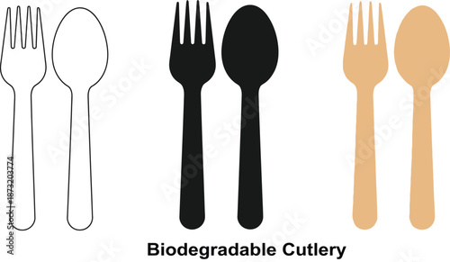Set of biodegradable cutlery icons including outline black and wood styles representing eco-friendly disposable tableware for food service and events
