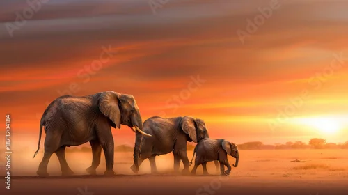 Obraz Elephant family walking on dusty savannah during vibrant orange sunset with warm light creating peaceful and majestic atmosphere