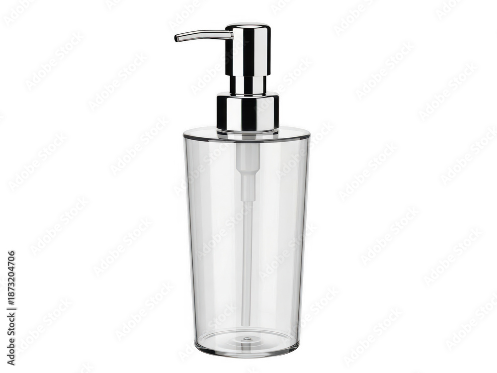 Obraz premium Modern clear soap dispenser with chrome pump isolated on transparent background