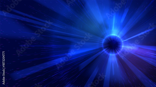 Futuristic blue digital light rays converging into a bright core, representing data transmission, high speed technology, energy flow, virtual space, artificial intelligence digital vector background