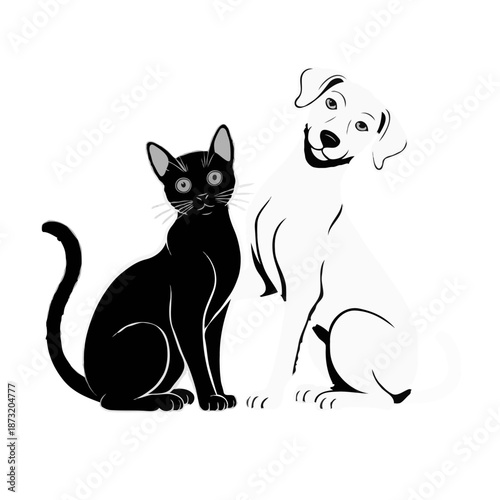 Black cat and white dog sitting side by side in a playful pose  