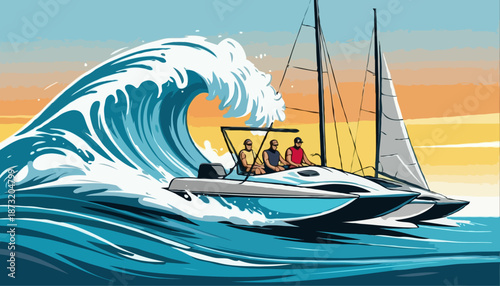 Sailboat navigating large waves during sunset with three people aboard  