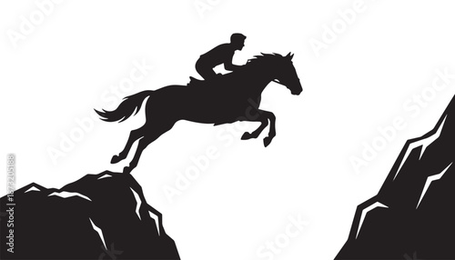 Silhouette of Man Riding Horse Jumping Between Mountains Isolated on White Background